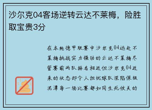 沙尔克04客场逆转云达不莱梅，险胜取宝贵3分